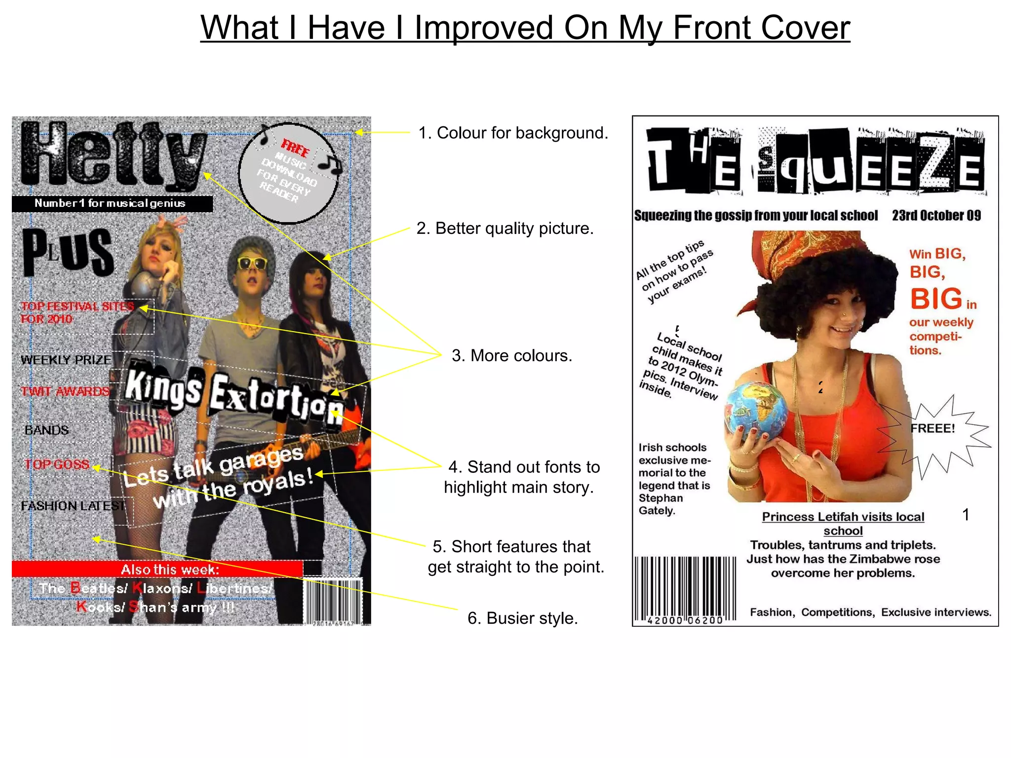 What I Have I Improved On My Front Cover 1. Colour for background. 2. Better quality picture. 3. More colours. 4. Stand out fonts to highlight main story. 5. Short features that get straight to the point. 1 2 5 6. Busier style. 