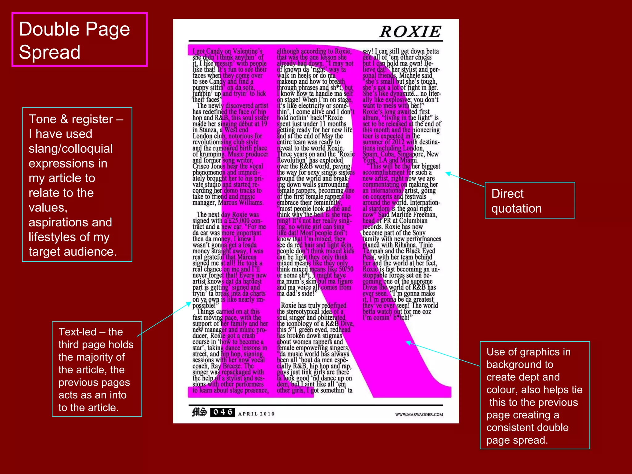 Direct quotation  Tone & register – I have used slang/colloquial expressions in my article to relate to the values, aspirations and lifestyles of my target audience. Use of graphics in background to create dept and colour, also helps tie  this to the previous page creating a consistent double page spread. Text-led – the third page holds the majority of the article, the previous pages acts as an into to the article. Double Page Spread 