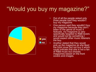 “Would you buy my magazine?” Out of all the people asked only three people said they wouldn’t buy my magazine. One person said they wouldn’t buy my magazine because they don’t listen to the genre of music it features, my magazine is very specifically targeted to R&B lovers and would not be something I would expect other music listeners the buy. Another stated that they would pick up the magazine as she liked the front cover but not buy it which could indicate that she is not a fan of R&B music but choices magazines based on the front covers and images. 