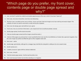 “ Which page do you prefer, my front cover, contents page or double page spread and why?” 