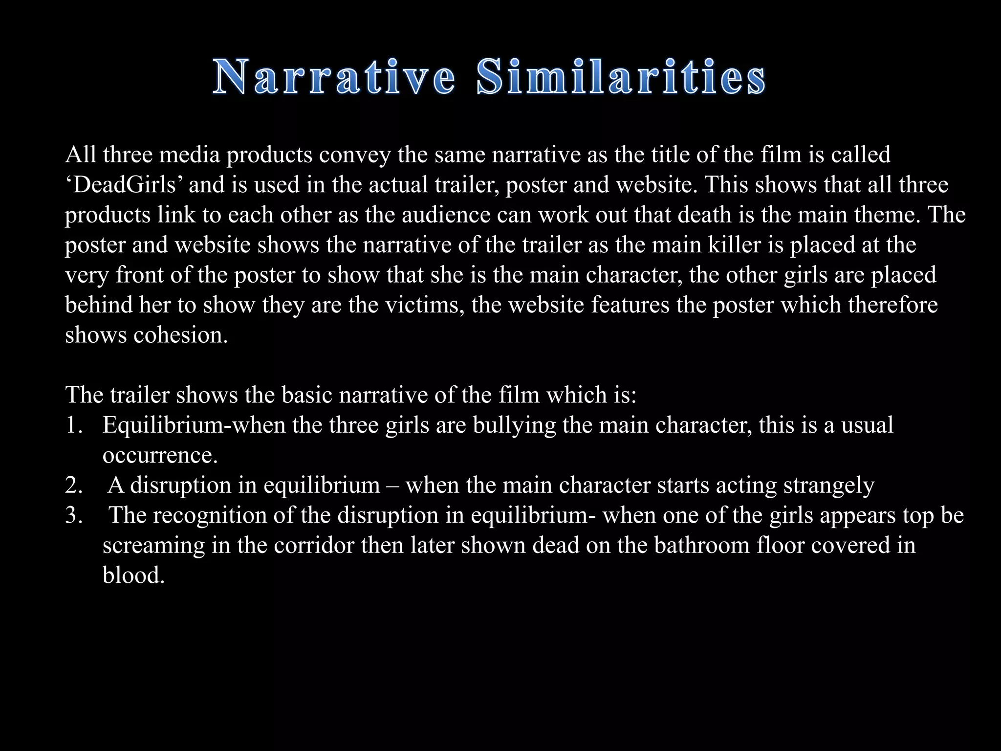 Using conventions of horror film trailersAnother common convention is horror film trailer is that they explicitly show blood and gory scenes because people expect to see these things as they associate horror with violence and death.. In my trailer I therefore used bloody scenes, such as a the girl lying on the bathroom floor covered in blood so clearly show that she is injured or perceived to be murdered.  Similarly I decided to show the killer holding a knife entering a room to suggest that some type of killing is going to commence. The knife is used to symbolise death and is often a useful convention is horror films as the audience clearly knows this is going to be a scary film as they associate death with horror like most slasher movies. 