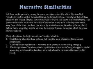 Using conventions of horror film trailersAnother common convention is horror film trailer is that they explicitly show blood and gory scenes because people expect to see these things as they associate horror with violence and death.. In my trailer I therefore used bloody scenes, such as a the girl lying on the bathroom floor covered in blood so clearly show that she is injured or perceived to be murdered.  Similarly I decided to show the killer holding a knife entering a room to suggest that some type of killing is going to commence. The knife is used to symbolise death and is often a useful convention is horror films as the audience clearly knows this is going to be a scary film as they associate death with horror like most slasher movies. 
