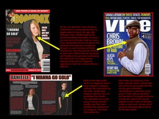 As you can see here I have chosen a model which is young representing my target audience due to her age, also although I have rebelled against the typical sexualised stereotype of women by covering my female model up more, I have represented the hip hop genre and therefore that particular social group through my use of posing and facial expressions, also because the clothing is quite cool it reflects the hip hop genre and therefore my particular social group, the clothing for my magazine was inspired by the hip hop magazine opposite as I feel it is cool and still very effective.  Also there is a continuity of red, black, gold and white; colours that are commonly associated with the hip hop genre therefore representing my particular social group. These colours represent both genders of my target audience as they are colours that can be adapted to both male and females, unlike a colour such as pink which would be stereotypically aimed at the female market.  Here is the male model within my magazine which I have dressed in designer clothing, this is because hip hop stars usually wear designer clothing, this is to symbolise their wealth. This represents my social group because aspirers usually copy their stars therefore the audience for my magazine  may wear clothing like this. 