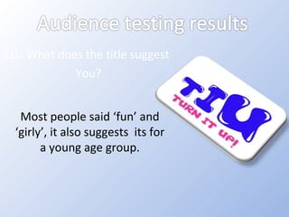 Q1: What does the title suggest  You? Most people said ‘fun’ and ‘girly’, it also suggests  its for a young age group. 