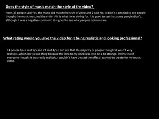 Does the style of music match the style of the video?   Here, 33 people said Yes, the music did match the style of video and 2 said   No, it didn’t. I am glad to see people thought the music matched the style- this is what I was aiming for. It is good to see that some people didn’t, although it was a negative comment, it is good to see what peoples opinions are.  What rating would you give the video for it being realistic and looking professional?   14 people here said 5/5 and 21 said 4/5. I can see that the majority or people thought it wasn’t very realistic…which isn’t a bad thing because the idea to my video was it to be a bit strange. I think that if everyone thought it was really realistic, I wouldn’t have created the effect I wanted to create for my music video.  