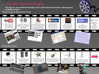Media TechnologiesHow did you use media technologies in the construction and research, planning and evaluation stages? Planning & ResearchingSlideshare enabled me to upload PowerPoint presentations to my blogI used this to find videos to research other existing documentariesI used Blogger.com to create my blog as I used this last year so I know it was effective and easy to use.Similarly to Youtube I used this to watch other documentaries for inspirationI used worditout.com to make a word cloud which illustrated my ideasI used Windows Movie Maker to practise editing and put little clips together for my blog.I used timerime.com to create a timeline about the history of documentaries.ConstructionWe used a ‘Yeti’ microphone to record the voice over to produce a clear, professional sound We edited our footage in iMovie to create a professional effectWe used GarageBand to make the music for our documentaryWe used an Apple MacBook to edit all our work.We used Kodak HD camera to film our documentary. We used a tripod to keep the shots steady. 