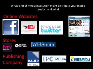 What kind of media institution might distribute your media product and why?Online WebsitesStoresPublishingCompany