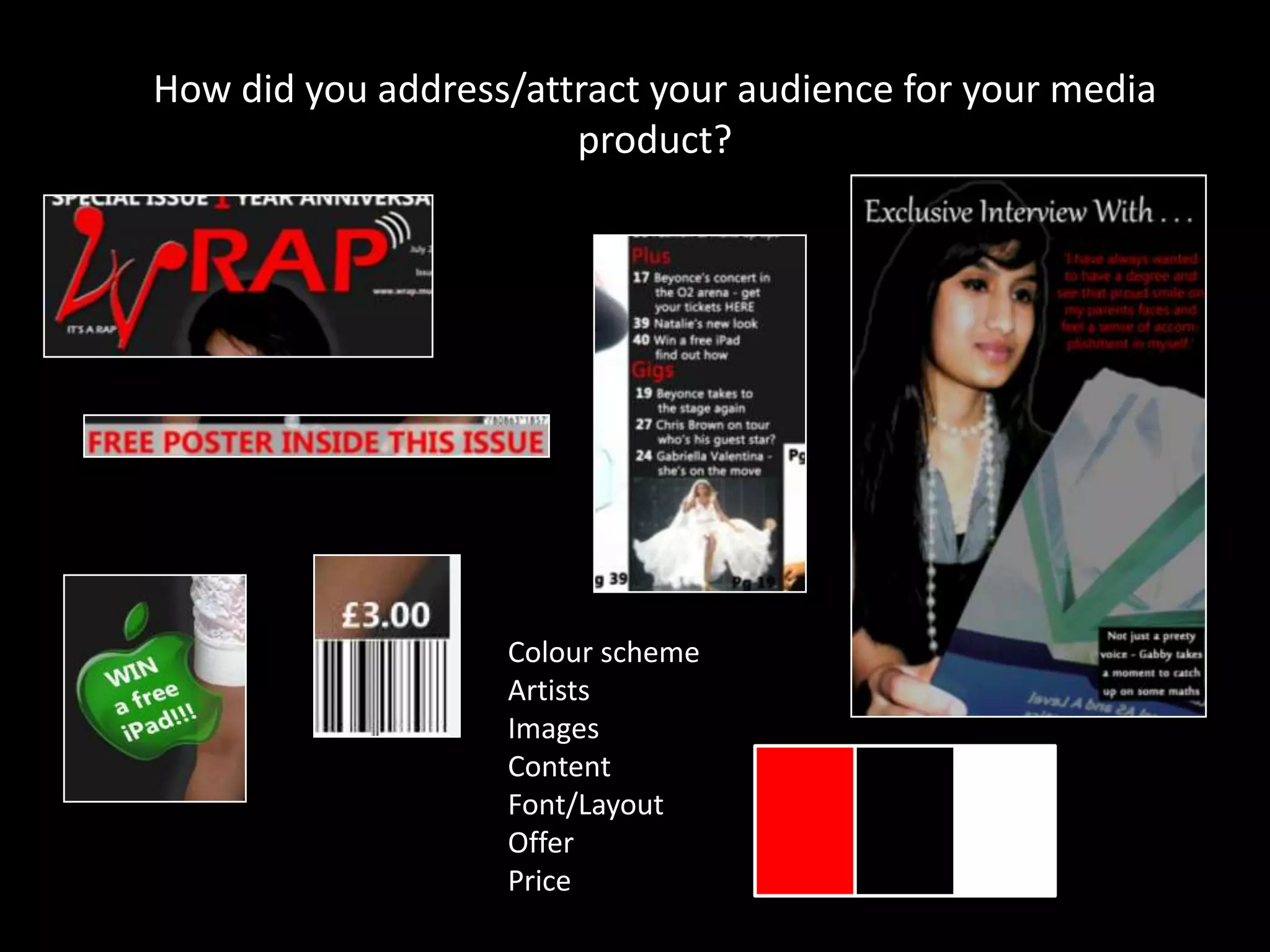 How did you address/attract your audience for your media product?Colour schemeArtistsImagesContentFont/LayoutOfferPrice