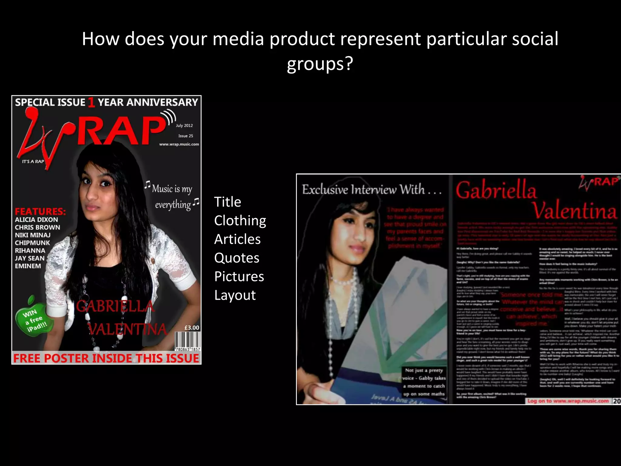 How does your media product represent particular social groups?TitleClothingArticlesQuotesPicturesLayout