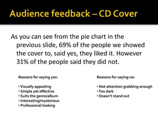 Audience feedback – CD CoverAs you can see from the pie chart in the previous slide, 69% of the people we showed the cover to, said yes, they liked it. However 31% of the people said they did not.Reasons for saying yes: Visually appealing