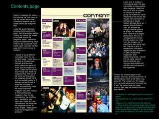 Contents page I kept my headings the same font color as the front cover so that the reader saw a clear connection between ...