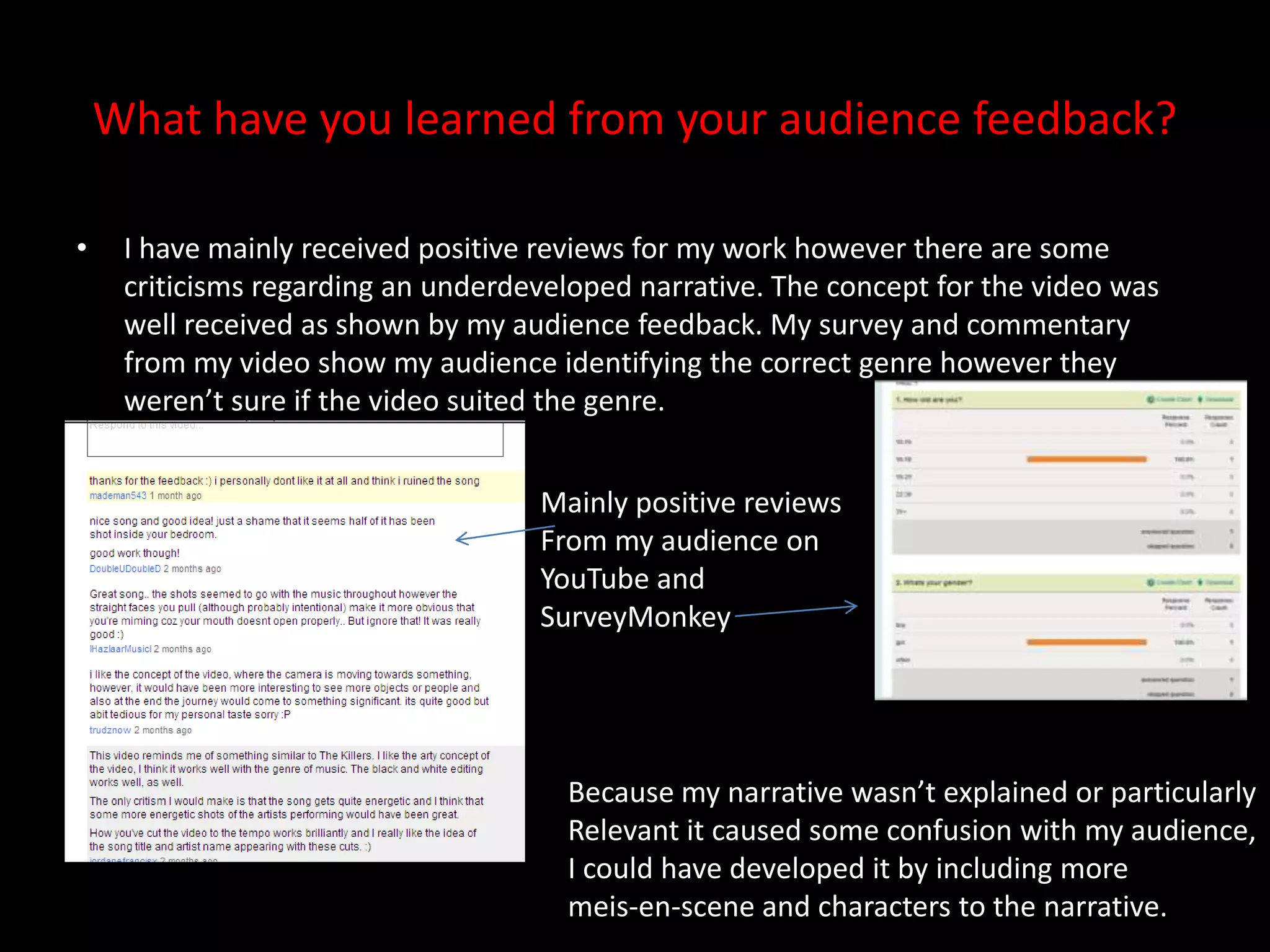 What have you learned from your audience feedback?I have mainly received positive reviews for my work however there are some criticisms regarding an underdeveloped narrative. The concept for the video was well received as shown by my audience feedback. My survey and commentary from my video show my audience identifying the correct genre however they weren’t sure if the video suited the genre. Mainly positive reviewsFrom my audience on YouTube and SurveyMonkeyBecause my narrative wasn’t explained or particularly Relevant it caused some confusion with my audience,I could have developed it by including more meis-en-scene and characters to the narrative.