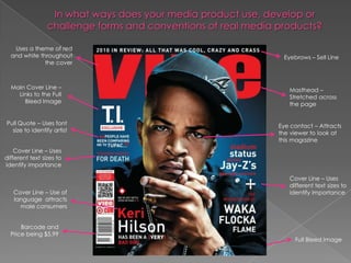 Uses a theme of red
  and white throughout       Eyebrows – Sell Line
              the cover



  Main Cover Line –            Masthead –
    Links to the Full          Stretched across
      Bleed Image              the page


Pull Quote – Uses font      Eye contact – Attracts
  size to identify artist   the viewer to look at
                            this magazine
    Cover Line – Uses
different text sizes to
identify importance

                               Cover Line – Uses
                               different text sizes to
   Cover Line – Use of         identify importance
   language attracts
     male consumers


      Barcode and
  Price being $5.99
                                 Full Bleed Image
 
