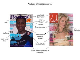Masthead Footer showing themes of magazine Main cover lines Price Main medium close up image Barcode Flash Limited Pallet San serif fonts Serif font Barcode Puff Puff Analysis of magazine cover 
