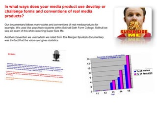 In what ways does your media product use develop or
challenge forms and conventions of real media
products?

Our documentary follows many codes and conventions of real media products for
example, We used Vox pops from students within Solihull Sixth Form College, Solihull we
saw an exam of this when watching Super Size Me.

Another convention we used which we noted from The Morgan Spurlock documentary
was the fact that the voice over gives statistics
 