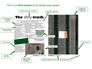 This is our final version of our double page spread.
                                                                                                                                 A Caption with
                                                                                                                               connotations from
                            The title with emphasis on adjective                                                                  words used
                                                                            Stand first in larger print




  Important detail about
     Documentary
        schedule




Drop Caps to emphasis the
    start of the article




                                                                              A Pull-Quote




   Text in columns                                                                                                                     Picture Credit



                                                                                    Article Credit




     Consistent
     House style
                                  Smaller Images
                                 depicting parts of                Footer with magazine name and issue date and page numbers
                                   the interview
 