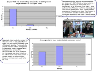 I am pleased with this response as nobody said that are documentary didn't relate to our target audience. I thought this was one of the strong points to our documentary, as we did various things to aim it at our audience. One of the ways was filming in a college and using various student as vox pops.  This is important as we wanted the audience to relate. The whole aim for our documentary and other products was to give guidance to teenagers on how to live a healthy lifestyle Example of a student vox pop. I agree with these results. On some of the interviews which we featured on the radio trailer, they were hard to understand some of the people speaking. For example, the principle interview with the hissing sound and also some student interviews which took place in the canteen. The background was loud as we carried out the interviews at busy times through out the college day. In a way this is good as it conveys student life, busy and noisy. However, an improvement would be for the future 