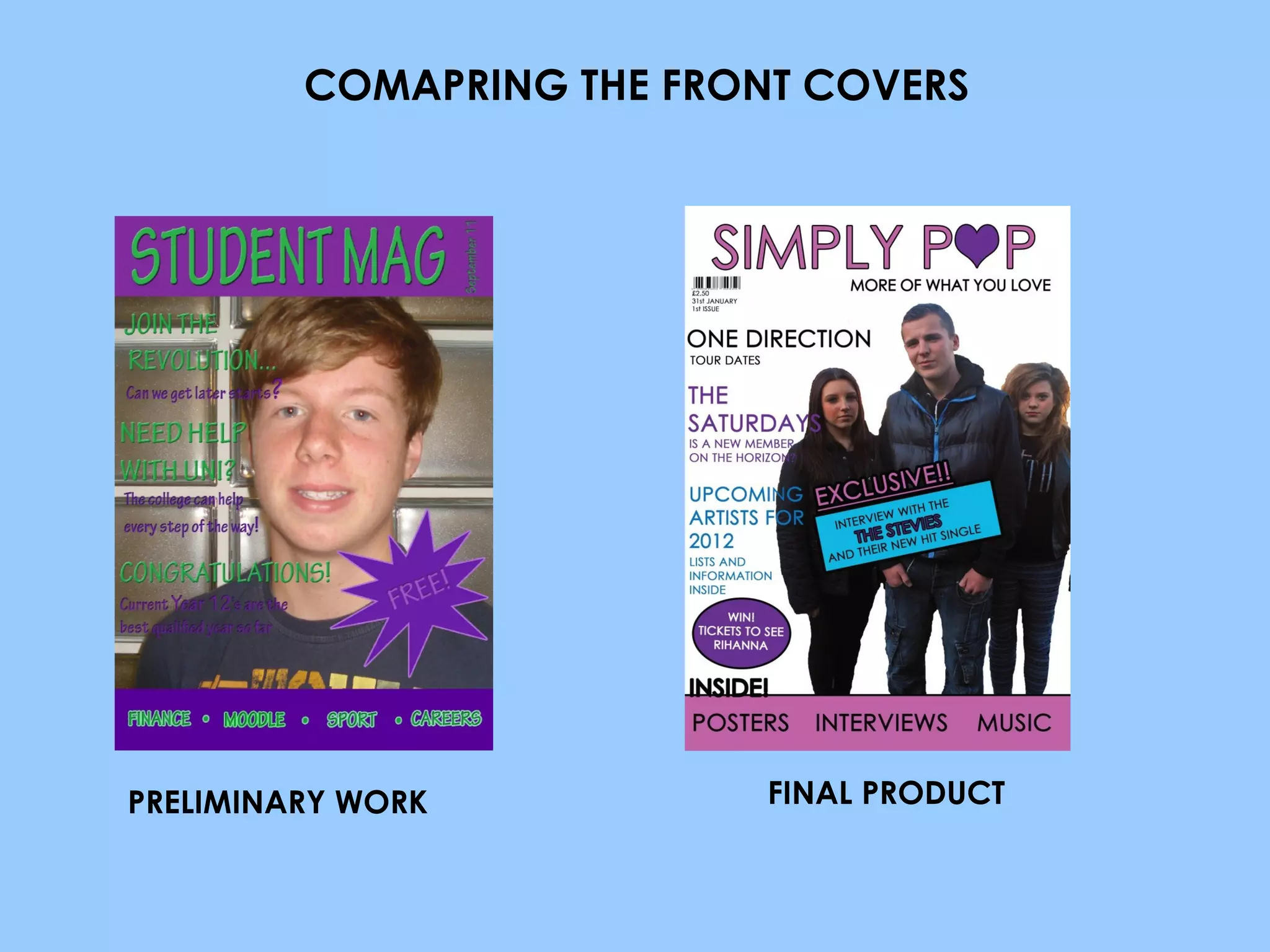 COMAPRING THE FRONT COVERS PRELIMINARY WORK FINAL PRODUCT 
