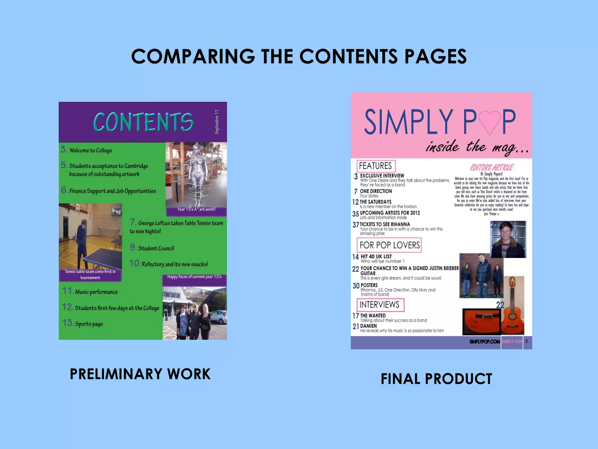 COMPARING THE CONTENTS PAGES PRELIMINARY WORK FINAL PRODUCT 