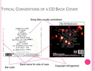 TYPICAL CONVENTIONS OF A CD BACK COVER

                      Song titles usually centralised
                                                                              My CD Backcover




                                          The verve pipe – The Freshmen




             Band name for side of case
                                                                          Copyright infringement
  Bar code
 