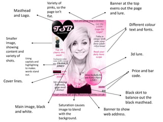 Variety of                     Banner at the top
                              pinks, so the                  evens out the page
      Masthead                page isn’t                     and lure.
      and Logo.               flat.

                                                                       Different colour
                                                                       text and fonts.

 Smaller
 image,
 showing
 content and
 variety of                                                                3d lure.
               Using
 shots.        capitals and
               highlighting
               to makes
               words stand                                                 Price and bar
               out.
                                                                           code.
Cover lines.

                                                                     Black skirt to
                                                                     balance out the
                                                                     black masthead.
       Main image, black              Saturation causes
                                      image to blend      Banner to show
       and white.
                                      with the            web address.
                                      background.
 