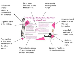 Large quote         Pink masthead,
Film strip of             from text to lure   matching theme
smaller                   the audience.       of page.
images to
connect with
the audience.

                                                                   Pink splashes of
Large first letter                                                 colour to make
of the writing.                                                    the page
                                                                   interesting.

                                                                    Larger, full
                                                                    body shot of
                                                                    Frankie Jones.

Page number
                                                                      Outfit to
to match the
                                                                      match the
heart theme of
                                                                      page.
the other
pages.               Alternating the colour        Signed by Frankie to
                     of the questions and          personalise the page.
                     answers for variety.
 