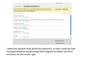 I asked the question How would you improve it, so that I could see how
my target audience would change their magazine to better suit them
and these are the results I got.
 