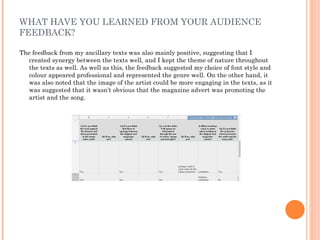 WHAT HAVE YOU LEARNED FROM YOUR AUDIENCE
FEEDBACK?

The feedback from my ancillary texts was also mainly positive, suggesting that I
   created synergy between the texts well, and I kept the theme of nature throughout
   the texts as well. As well as this, the feedback suggested my choice of font style and
   colour appeared professional and represented the genre well. On the other hand, it
   was also noted that the image of the artist could be more engaging in the texts, as it
   was suggested that it wasn’t obvious that the magazine advert was promoting the
   artist and the song.
 