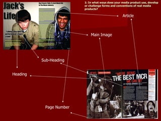 1: In what ways does your media product use, develop
                         or challenge forms and conventions of real media
                         products?

                                                   Article



                             Main Image




          Sub-Heading


Heading




           Page Number
 