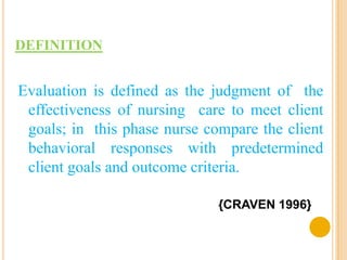 DEFINITION


Evaluation is defined as the judgment of the
 effectiveness of nursing care to meet client
 goals; in this phase nurse compare the client
 behavioral responses with predetermined
 client goals and outcome criteria.

                              {CRAVEN 1996}
 