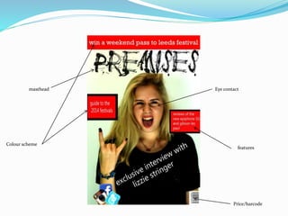 masthead
Price/barcode
Eye contact
Colour scheme
features
 