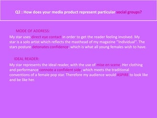 Q2 : How does your media product represent particular social groups?
MODE OF ADDRESS:
My star uses direct eye contact in order to get the reader feeling involved. My
star is a solo artist which reflects the masthead of my magazine ‘’Individual’’. The
stars posture detonates confidence, which is what all young females wish to have.
IDEAL READER:
My star represents the ideal reader, with the use of mise en scene. Her clothing
and performance connote a confident side, which meets the traditional
conventions of a female pop star. Therefore my audience would ASPIRE to look like
and be like her.
 