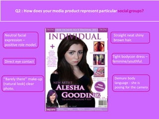 Neutral facial
expression –
positive role model.
Direct eye contact
‘’Barely there’’ make-up
(natural look) clear
photo.
Straight neat shiny
brown hair.
Tight bodycon dress –
feminine/youthful.
 