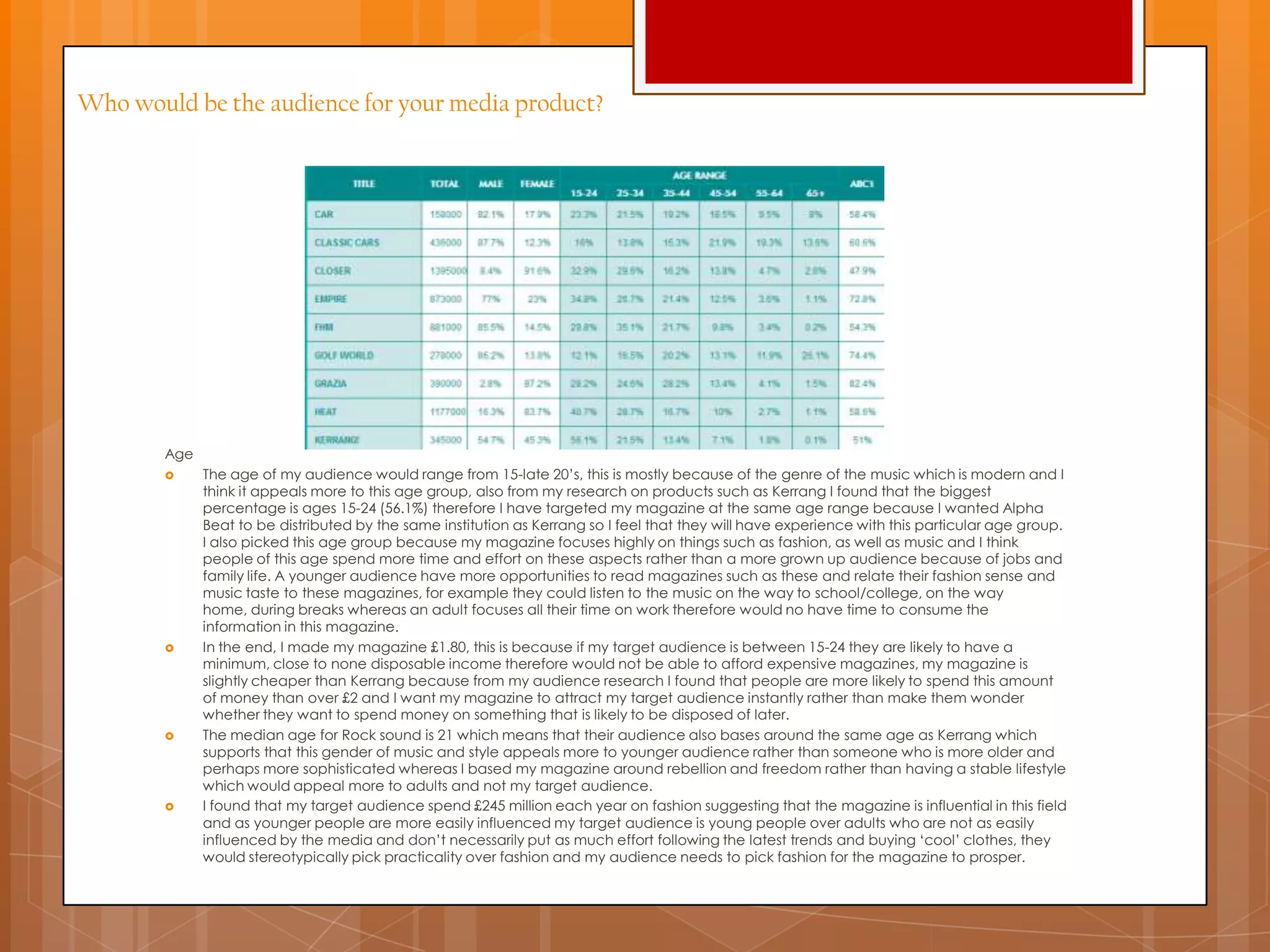 Who would be the audience for your media product?
Age
 The age of my audience would range from 15-late 20‟s, this is mostly because of the genre of the music which is modern and I
think it appeals more to this age group, also from my research on products such as Kerrang I found that the biggest
percentage is ages 15-24 (56.1%) therefore I have targeted my magazine at the same age range because I wanted Alpha
Beat to be distributed by the same institution as Kerrang so I feel that they will have experience with this particular age group.
I also picked this age group because my magazine focuses highly on things such as fashion, as well as music and I think
people of this age spend more time and effort on these aspects rather than a more grown up audience because of jobs and
family life. A younger audience have more opportunities to read magazines such as these and relate their fashion sense and
music taste to these magazines, for example they could listen to the music on the way to school/college, on the way
home, during breaks whereas an adult focuses all their time on work therefore would no have time to consume the
information in this magazine.
 In the end, I made my magazine £1.80, this is because if my target audience is between 15-24 they are likely to have a
minimum, close to none disposable income therefore would not be able to afford expensive magazines, my magazine is
slightly cheaper than Kerrang because from my audience research I found that people are more likely to spend this amount
of money than over £2 and I want my magazine to attract my target audience instantly rather than make them wonder
whether they want to spend money on something that is likely to be disposed of later.
 The median age for Rock sound is 21 which means that their audience also bases around the same age as Kerrang which
supports that this gender of music and style appeals more to younger audience rather than someone who is more older and
perhaps more sophisticated whereas I based my magazine around rebellion and freedom rather than having a stable lifestyle
which would appeal more to adults and not my target audience.
 I found that my target audience spend £245 million each year on fashion suggesting that the magazine is influential in this field
and as younger people are more easily influenced my target audience is young people over adults who are not as easily
influenced by the media and don‟t necessarily put as much effort following the latest trends and buying „cool‟ clothes, they
would stereotypically pick practicality over fashion and my audience needs to pick fashion for the magazine to prosper.
 