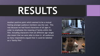 Another positive point which seemed to be a mutual
feeling amongst audience members was the cast. This
was because we had found characters of all ages in
order to emphasise the meaning of family within the
film. Including characters from all different age ranges
also meant that we were able to draw in all audiences
as many respondents argued that it could be labelled
as a „family film‟.
RESULTS
 
