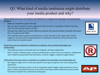 Q3. What kind of media institution might distribute
your media product and why?
If Bauer Media Group was my institution who distribute my magazine the advantages and disadvantages
would be:
• Might me competition against Kerrang!
• May not want to release a similar magazine, to theirs as there is a possibility of failure if kerrang
stays the most popular between the two.
• Although they might like the subtle differences between Kerrang and Reckless, hopefully they would
feel as if a gap has been filled..
• They made Kerrang so popular and well known, so they may want to do it again with a similar
magazine, Kerrang could be losing popularity so bringing out something new and relevant may
entice those lost customers back.
If Rock Sound was my institution to distribute my magazine, there would be advantages and
disadvantages:
• They might just want to stick with their one magazine, and stay independent.
• Mine is similar in different ways, so they could dominate a certain area or music genre, making them
seem reliable for good bands and information, could be a bigger competition against Bauer.
If Alternative Press were chosen to distribute my magazine the advantages and disadvantages are:
• My magazine might not fit in with their specific music types and genres, this could change their
appearance.
• They could be reluctant as there is a lot of competition against bigger media institutions such as
Bauer, so they may decide that mine is too similar to Kerrang so what would be the point as they
knew that it wouldn’t be as well known and popular.
 