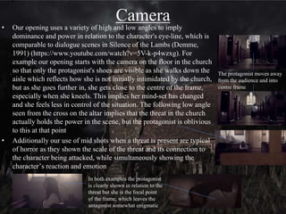 Plot
• The opening prefacing the main plot is highly conventional of other horror
openings like The Amityville Horror (Douglas, 2005), as it is comparable to
flashbacks and significant establishing plot segments that act as exposition,
designed to establish a character's back-story and provide context to later events
 
