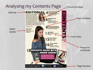Analysing my Contents Page
Editorial
Page Number
Editor
details
Picture of editor
Page numbers
Cover lines
Magazine
masthead
 