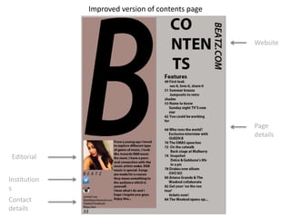 Improved version of contents page
Editorial
Institution
s
Contact
details
Website
Page
details
 