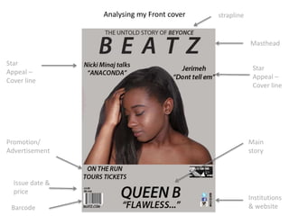 Analysing my Front cover strapline
Institutions
& website
Star
Appeal –
Cover line
Star
Appeal –
Cover line
Masthead
Promotion/
Advertisement
Issue date &
price
Barcode
Main
story
 