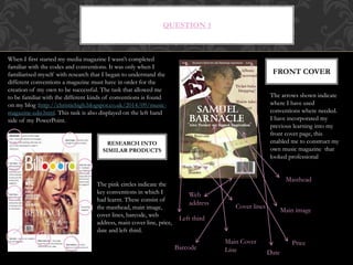 QUESTION 1
FRONT COVER
When I first started my media magazine I wasn’t completed
familiar with the codes and conventions. It was only when I
familiarised myself with research that I began to understand the
different conventions a magazine must have in order for the
creation of my own to be successful. The task that allowed me
to be familiar with the different kinds of conventions is found
on my blog :http://christiehigh.blogspot.co.uk/2014/09/music-
magazine-edit.html. This task is also displayed on the left hand
side of my PowerPoint.
The pink circles indicate the
key conventions in which I
had learnt. These consist of
the masthead, main image,
cover lines, barcode, web
address, main cover line, price,
date and left third.
RESEARCH INTO
SIMILAR PRODUCTS
The arrows shown indicate
where I have used
conventions where needed.
I have incorporated my
previous learning into my
front cover page, this
enabled me to construct my
own music magazine that
looked professional
Masthead
Main image
Cover lines
Barcode
Web
address
Main Cover
Line
Price
Date
Left third
 