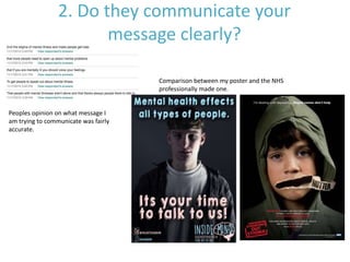 2. Do they communicate your
message clearly?
Comparison between my poster and the NHS
professionally made one.
Peoples opinion on what message I
am trying to communicate was fairly
accurate.
 