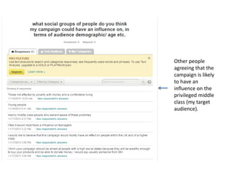 Other people
agreeing that the
campaign is likely
to have an
influence on the
privileged middle
class (my target
audience).
 