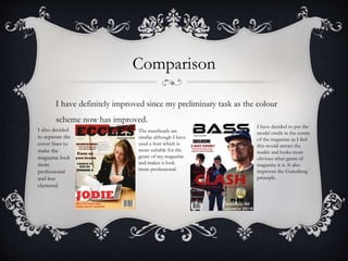 Comparison
I have definitely improved since my preliminary task as the colour
scheme now has improved.
The mastheads are
similar although I have
used a font which is
more suitable for the
genre of my magazine
and makes it look
more professional.
I have decided to put the
model credit in the centre
of the magazine as I feel
this would attract the
reader and looks more
obvious what genre of
magazine it is. It also
improves the Gutenberg
principle.
I also decided
to separate the
cover lines to
make the
magazine look
more
professional
and less
cluttered.
 