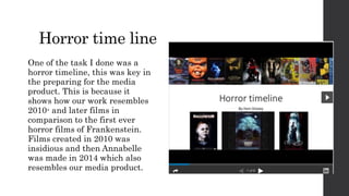 Horror time line
One of the task I done was a
horror timeline, this was key in
the preparing for the media
product. This is because it
shows how our work resembles
2010- and later films in
comparison to the first ever
horror films of Frankenstein.
Films created in 2010 was
insidious and then Annabelle
was made in 2014 which also
resembles our media product.
 