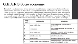 G.E.A.R.S Socio-economic
There isn't a particular class for our genre, we intend to create our production for those who are
fans of horror, not based on their class. Although I do believe it is mainly E-C1- those above may
choose to watch it. However it is best suited for these social groups because our main character of
our product is a 16/17 (our age) which puts her in class E class in the first place because we don't
earn enough money to live off, we are students. Therefore it is likely that people in social grade E
could easily identify with our film, increasing the chances of the lower social grades watching it.
 