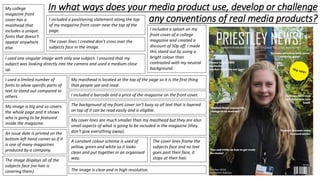 In what ways does your media product use, develop or challenge
any conventions of real media products?
My college
magazine front
cover has a
masthead that
includes a unique
fonts that doesn’t
appear anywhere
else.
I included a positioning statement along the top
of my magazine front cover near the top of the
page.
The cover lines I created don’t cross over the
subjects face in the image.
I included a splash on my
front cover of a college
magazine and created a
discount of 50p off. I made
this stand out by using a
bright colour than
contrasted with my neutral
background.
I used one singular image with only one subject. I ensured that my
subject was looking directly into the camera and used a medium close
up.
I used a limited number of
fonts to allow specific parts of
text to stand out compared to
others.
My masthead is located at the top of the page so it is the first thing
that people see and read.
I included a barcode and a price of the magazine on the front cover.
My image is big and so covers
the whole page and it shows
who is going to be featured
inside the magazine.
The background of my front cover isn’t busy so all text that is layered
on top of it can be read easily and is eligible.
My cover lines are much smaller than my masthead but they are also
small aspects of what is going to be included in the magazine (they
don’t give everything away).
The cover lines frame the
subjects face and no text
goes past their face, it
stops at their hair.
An issue date is printed on the
bottom left hand corner as if it
is one of many magazines
produced by a company.
The image displays all of the
subjects face (no hair is
covering them). The image is clear and in high resolution.
A constant colour scheme is used of
yellow, green and white so it looks
clean and put together in an organised
way.
 