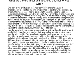 What are the technical and aesthetic qualities of your
work?
• One part of my production that was technically challenging was the
photography, as I created my own images I had to set the whole scene up by
myself. This meant that I had to get the right lighting on each person to
complete my image, as I have two different styles of lighting in one image. One
person in highly lit and the other is very dark. To do this I had to bring the girl
to the front of the shot and push the boy back, this meant that the lights were
darker where the boy was. As well as this, I had to light the girl from one side,
this meant that I could create a shadow on the boy, this helped to keep him in
a darker light. I think that this image has turned out aesthetically pleasing, the
way that the girl look like she is scared and alone along side the bright lighting
against the black background, I think it is good to look at.
• I used a question in my survey to ask people what they thought was the most
aesthetically pleasing, one product that was spoken about more than once
was the info graphic. This was also technically challenging as I had to create
the different graphics and make them all fit in the right places as well as
including all the relevant information and the logo. This was difficult as all the
different figures all needed different graphics to represent them, this meant
that I had to create them, as well as this the facts and figures about this
specific topic were hard to find. However two people who answered said they
they thought the most aesthetically pleasing aspect of my project was the
infographic. One person stated that they liked ‘the way that all the figures
were represented differently and were easy to see and understand’. I think
that the inforgraphic is aesthetically pleasing because is has a clear colour
scheme and is spaced out so it is easy to read.
 