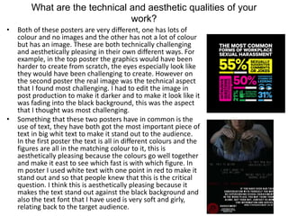 What are the technical and aesthetic qualities of your
work?
• Both of these posters are very different, one has lots of
colour and no images and the other has not a lot of colour
but has an image. These are both technically challenging
and aesthetically pleasing in their own different ways. For
example, in the top poster the graphics would have been
harder to create from scratch, the eyes especially look like
they would have been challenging to create. However on
the second poster the real image was the technical aspect
that I found most challenging. I had to edit the image in
post production to make it darker and to make it look like it
was fading into the black background, this was the aspect
that I thought was most challenging.
• Something that these two posters have in common is the
use of text, they have both got the most important piece of
text in big whit text to make it stand out to the audience.
In the first poster the text is all in different colours and the
figures are all in the matching colour to it, this is
aesthetically pleasing because the colours go well together
and make it east to see which fast is with which figure. In
m poster I used white text with one point in red to make it
stand out and so that people knew that this is the critical
question. I think this is aesthetically pleasing because it
makes the text stand out against the black background and
also the text font that I have used is very soft and girly,
relating back to the target audience.
 