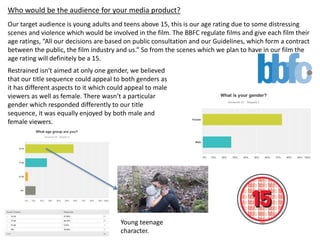 Who would be the audience for your media product?
Our target audience is young adults and teens above 15, this is our age rating due to some distressing
scenes and violence which would be involved in the film. The BBFC regulate films and give each film their
age ratings, “All our decisions are based on public consultation and our Guidelines, which form a contract
between the public, the film industry and us.” So from the scenes which we plan to have in our film the
age rating will definitely be a 15.
Young teenage
character.
Restrained isn't aimed at only one gender, we believed
that our title sequence could appeal to both genders as
it has different aspects to it which could appeal to male
viewers as well as female. There wasn’t a particular
gender which responded differently to our title
sequence, it was equally enjoyed by both male and
female viewers.
 